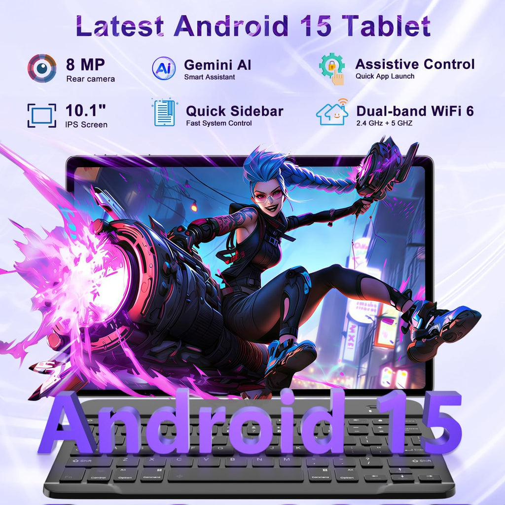 Tablet 2026 Android 15 Tablets with 2.0GHz Octa-Core, 30GB 64GB 2TB Expand, 10 inch Tablet with Keyboard, FHD IPS Display, Gemini AI, 8MP Camera, WiFi 6, 6000mAh, Widevine L1, BT 5.0 -Gray