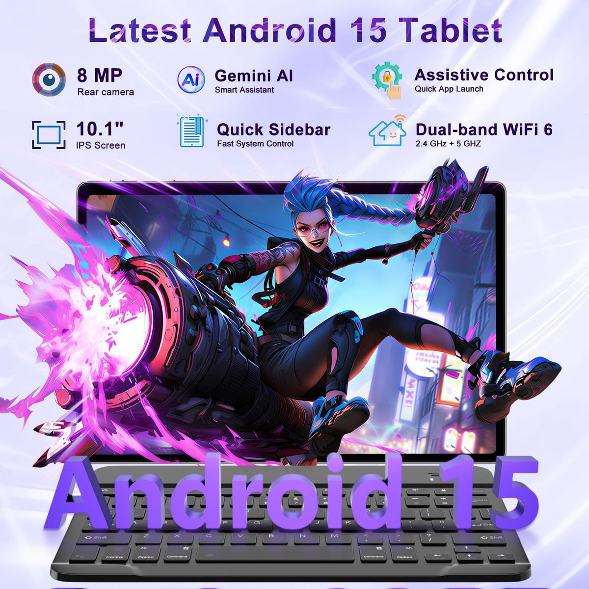Tablet 2026 Android 15 Tablets with 2.0GHz Octa-Core, 30GB 64GB 2TB Expand, 10 inch Tablet with Keyboard, FHD IPS Display, Gemini AI, 8MP Camera, WiFi 6, 6000mAh, Widevine L1, BT 5.0 -Gray