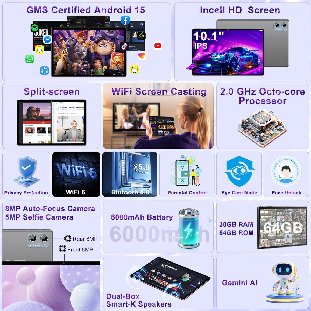 Tablet 2026 Android 15 Tablets with 2.0GHz Octa-Core, 30GB 64GB 2TB Expand, 10 inch Tablet with Keyboard, FHD IPS Display, Gemini AI, 8MP Camera, WiFi 6, 6000mAh, Widevine L1, BT 5.0 -Gray