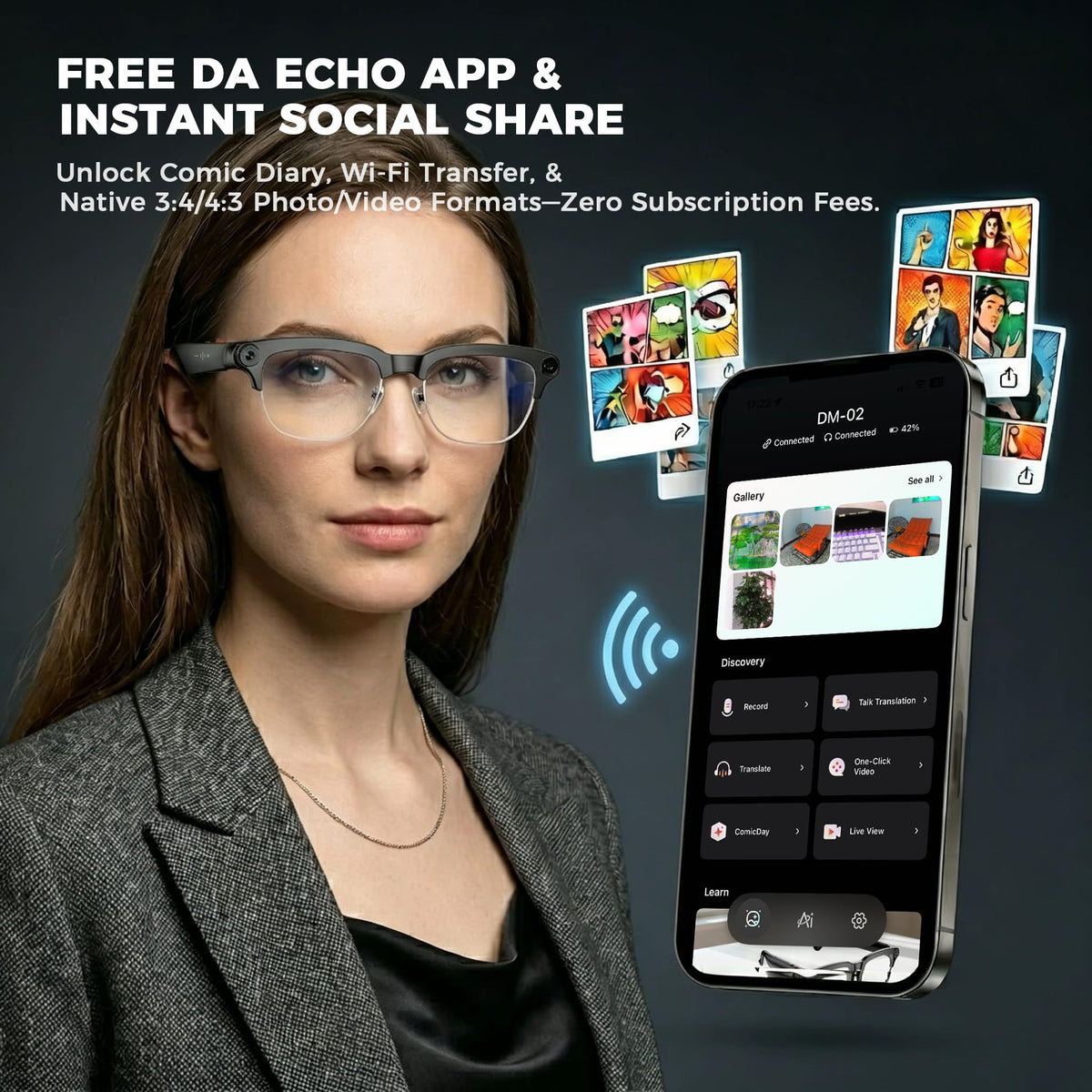 8MP 4K AI Smart Glasses with Camera & Adaptive Fit, Blue Light + Extra Sun Lenses, Real-Time Translator, Voice Assistant & Voice Recorder, Open-Ear Audio for Work & Business Travel