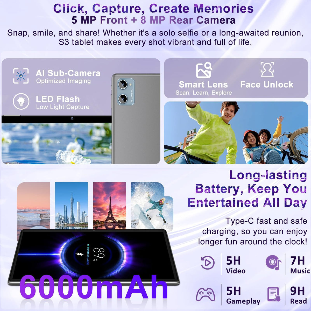 Tablet 2026 Android 15 Tablets with 2.0GHz Octa-Core, 30GB 64GB 2TB Expand, 10 inch Tablet with Keyboard, FHD IPS Display, Gemini AI, 8MP Camera, WiFi 6, 6000mAh, Widevine L1, BT 5.0 -Gray