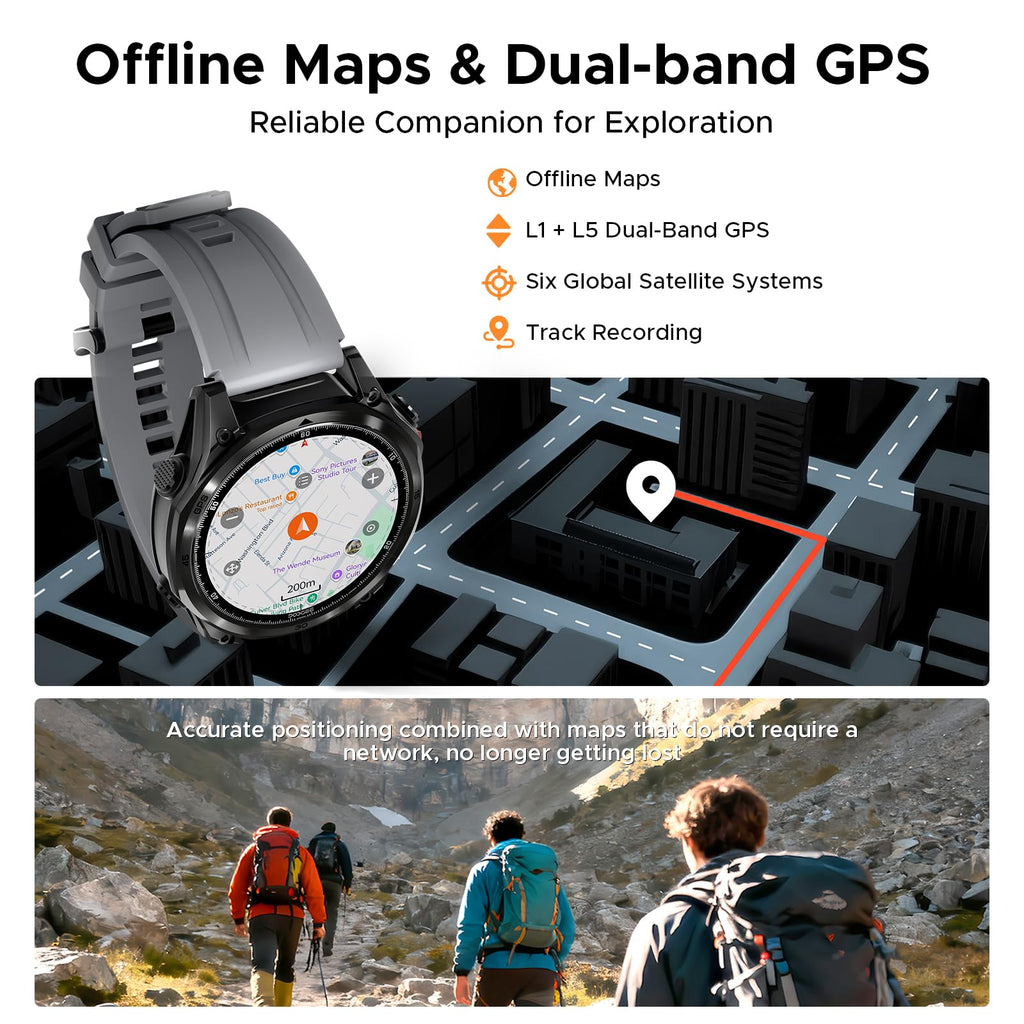 Anywise W1Pro Smart Watch for men, 5ATM Dual-Band GPS Offline Map