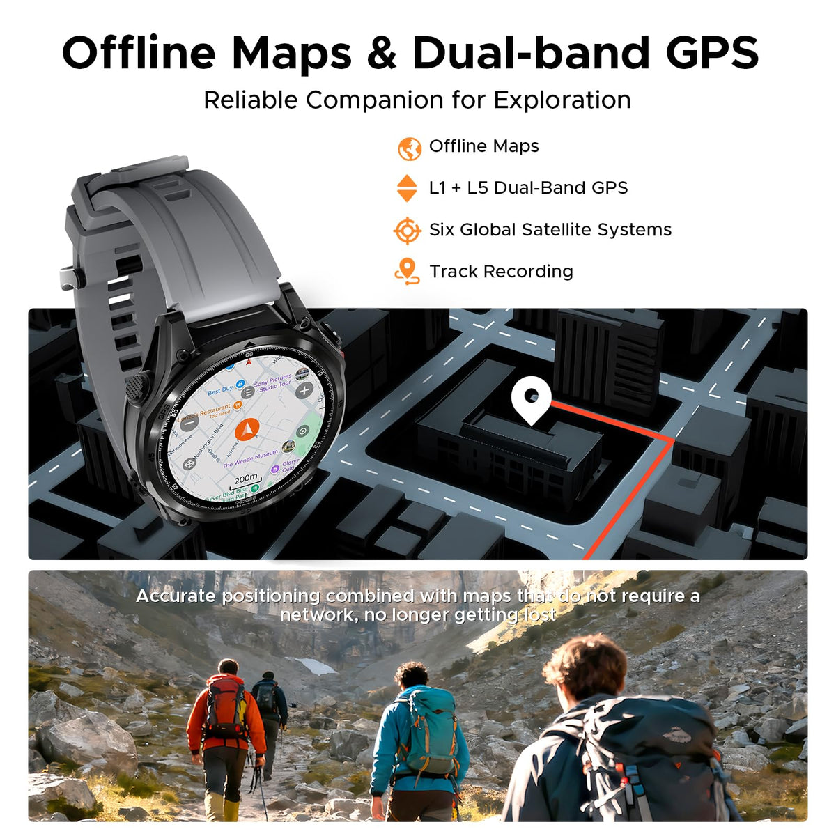 Anywise W1Pro Smart Watch for men, 5ATM Dual-Band GPS Offline Map