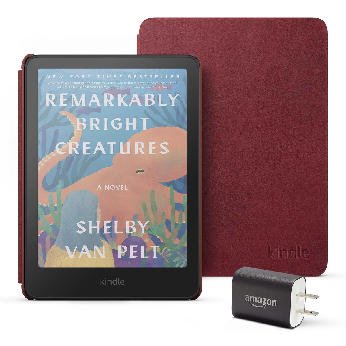 Amazon Kindle Colorsoft Essentials Bundle including Kindle Colorsoft (16 GB) – With color display - Black, Premium Leather Cover-Walnut and Power Adapter