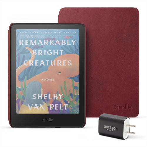 Amazon Kindle Colorsoft Essentials Bundle including Kindle Colorsoft (16 GB) – With color display - Black, Premium Leather Cover-Walnut and Power Adapter